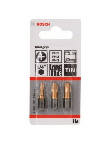 - PH1; PH2; PH3; 25 mm Bosch 2 607 001 754 PH Set de 3 puntas de atornillar Max Grip pack de 3 